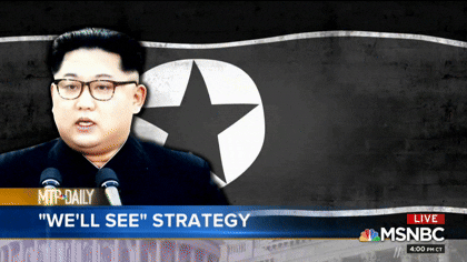 A looping image captured from MSNBC in 2018, showing Kim Jong-Un in front of his country's flag, in gray. Which came first: Daring Fireball or the Democratic People's Republic of Korea?